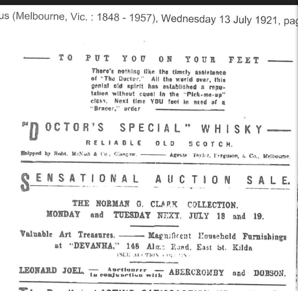 Argus Newspaper notice of Norman G Clark art sale July 1921